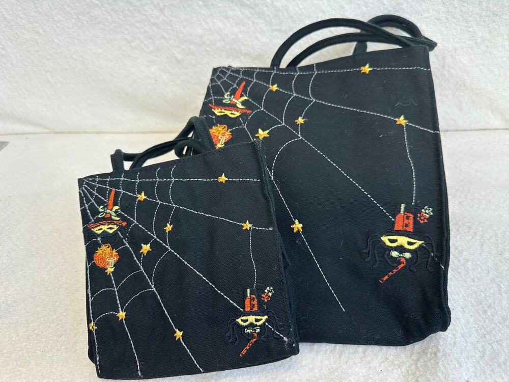 Longaberger Set of Two Halloween Fabric Totes With Embroidered Spiders